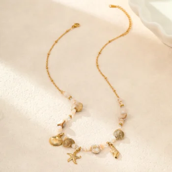 Premium Ocean Bliss Charm Necklace 🌊 | Anti-Tarnish Golden Seashell & Starfish Pendant Necklace for Women