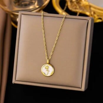 🤍White Glaze Rose Neck Chain | Golden Rose Pendant Necklace for Women